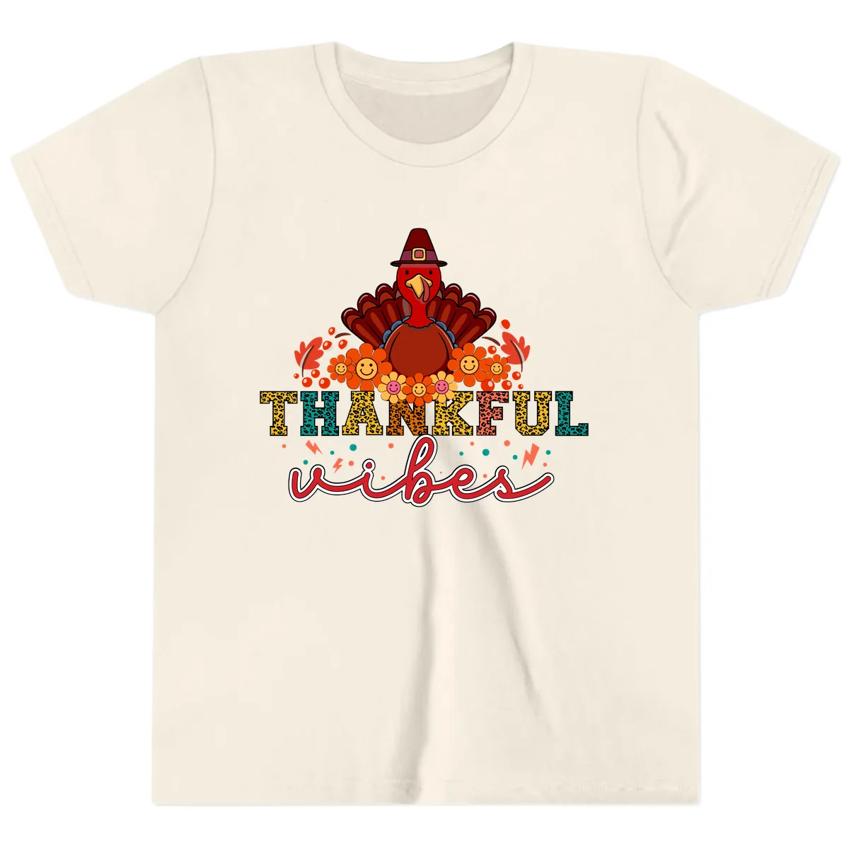 Turkey Vibes Thanksgiving Design Youth T-Shirt in Natural